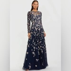 $700 Mac Duggal Navy Long Sleeve Embroidered Gown